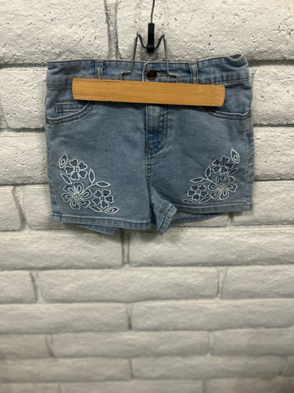 Derek Heart Light Blue Denim Shorts with White Floral Embroidery